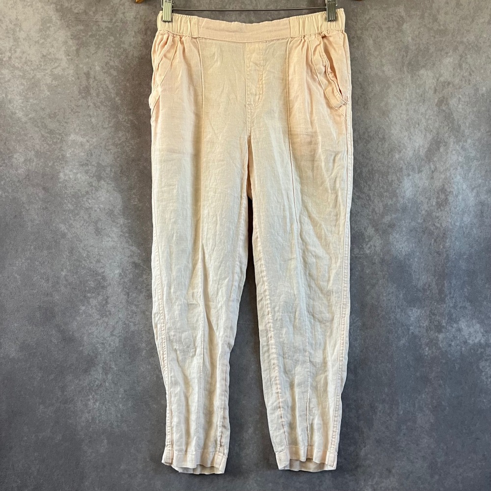 Nicole Miller Linen Pants Women Medium Peach Elastic Waist Tapered Seam Detail